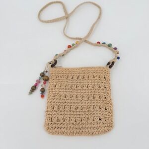 Cappelli Straworld Beige Woven Straw Boho Crossbody Bag Beaded Strap Purse